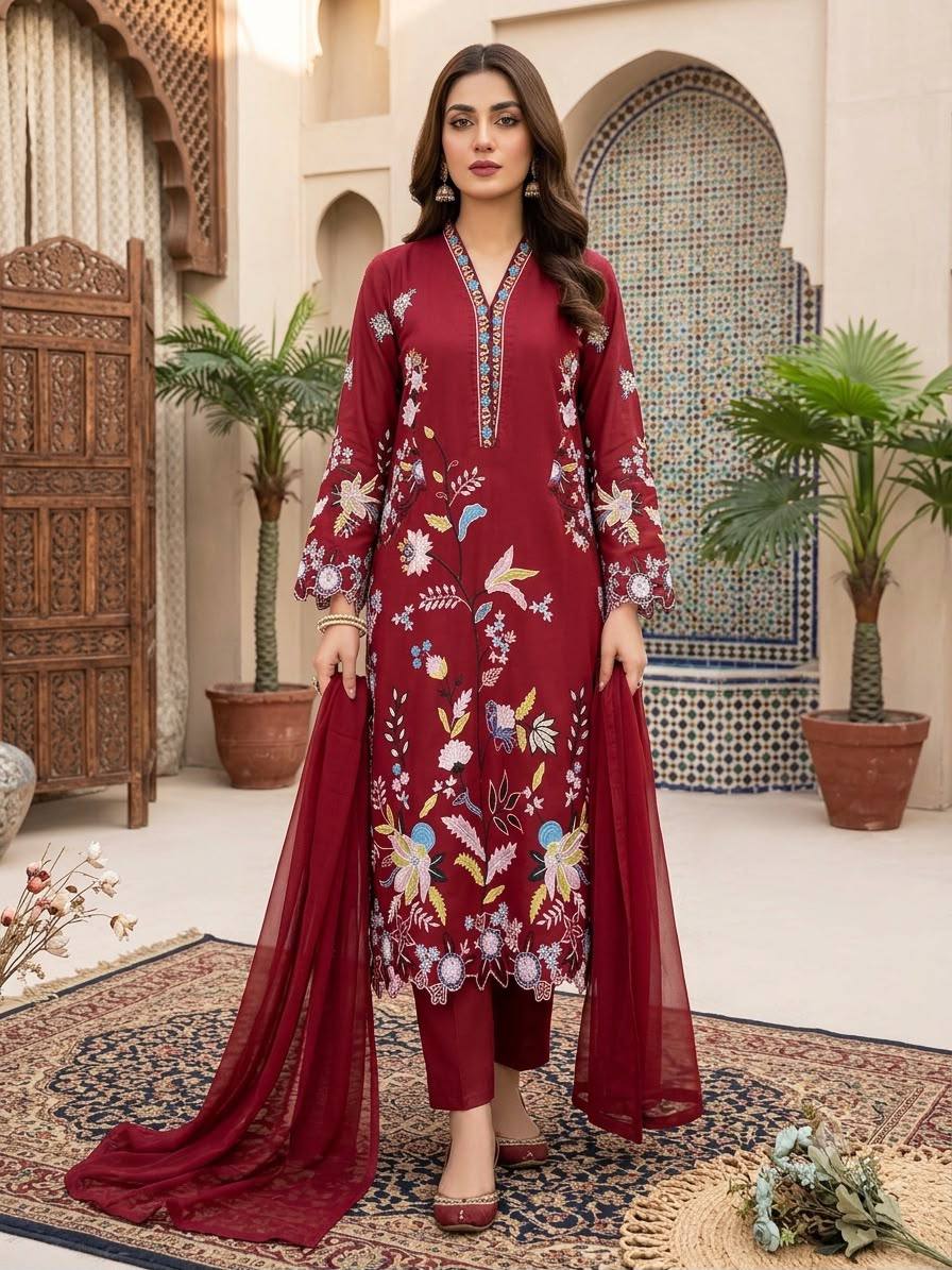 Maroon Glass Roman Silk Embroidered Kurta Pant Set