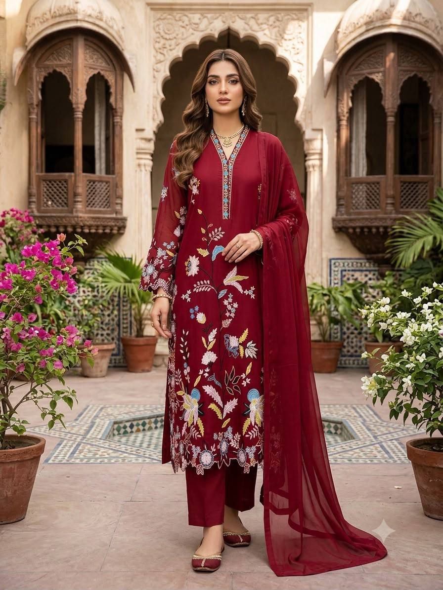 Maroon Glass Roman Silk Embroidered Kurta Pant Set, view 2