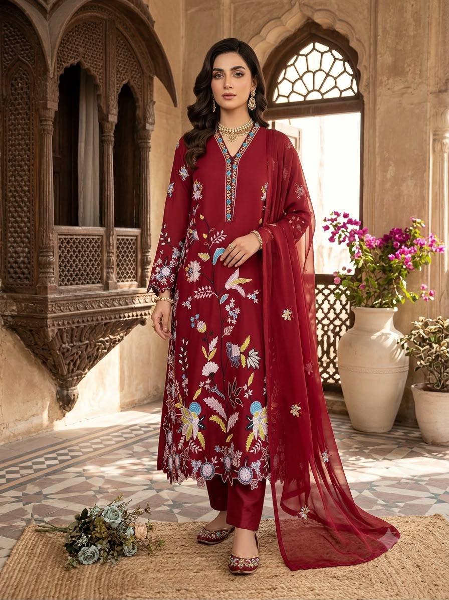 Maroon Glass Roman Silk Embroidered Kurta Pant Set, view 3