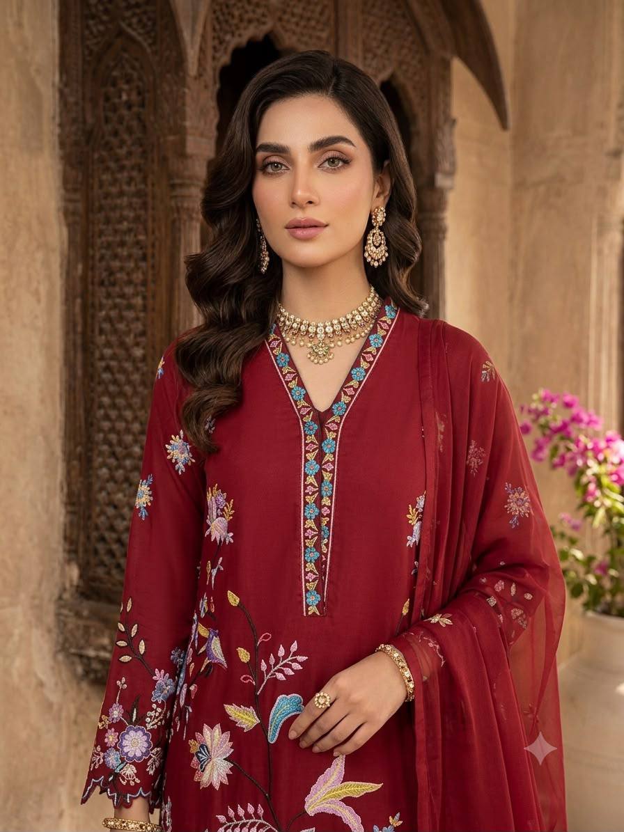 Maroon Glass Roman Silk Embroidered Kurta Pant Set, view 4
