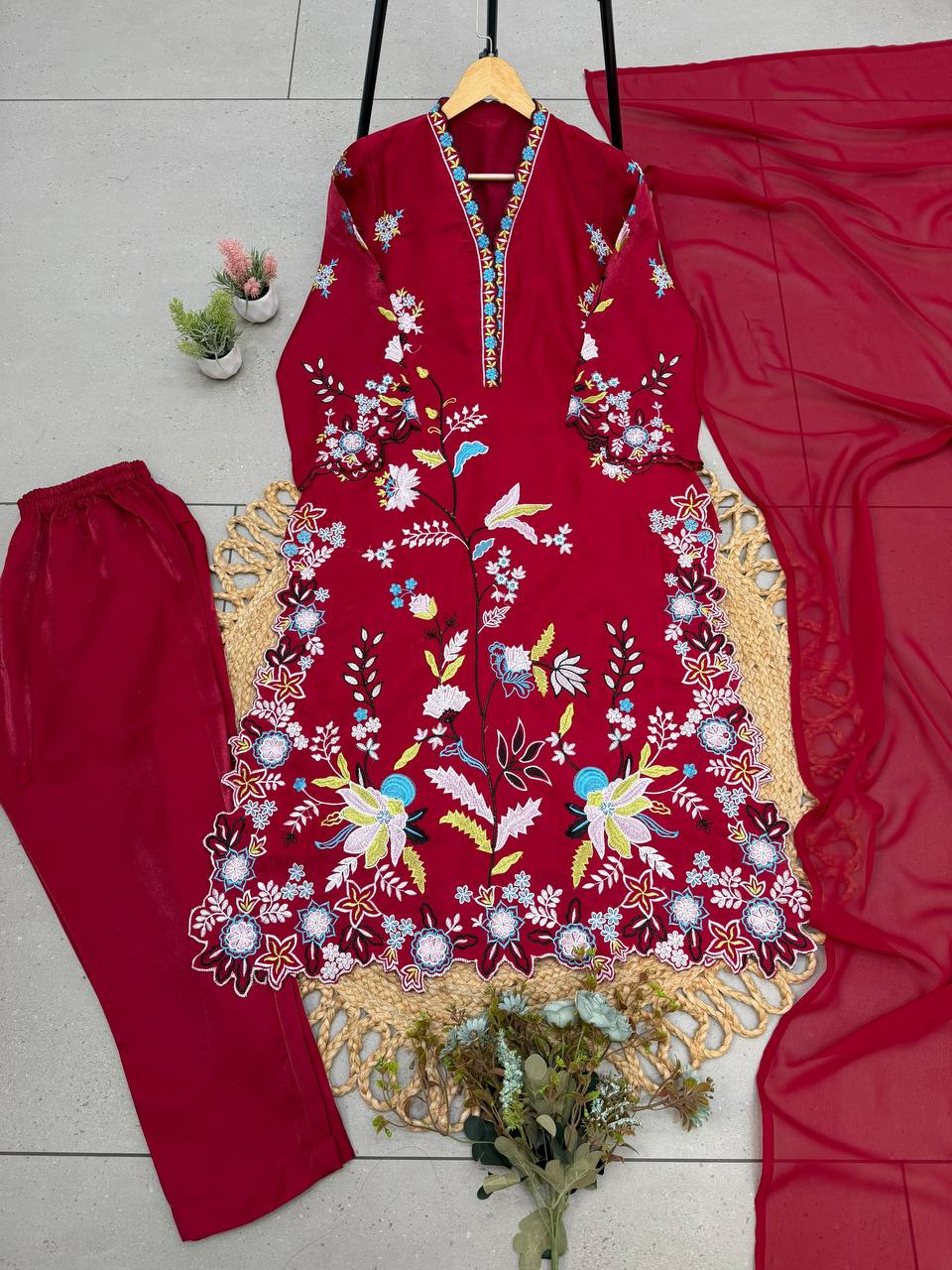 Maroon Glass Roman Silk Embroidered Kurta Pant Set, view 5
