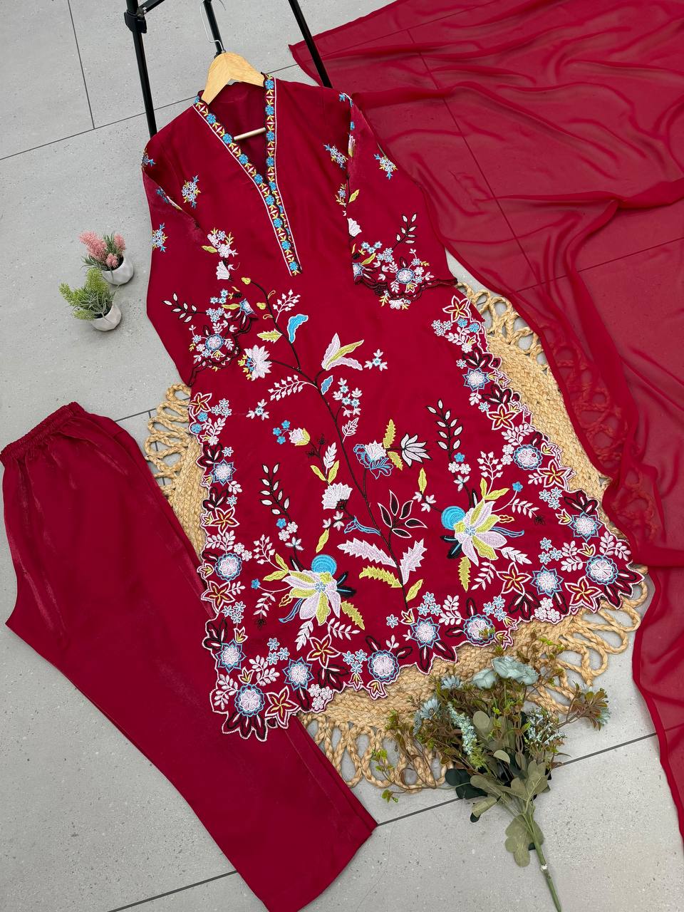 Maroon Glass Roman Silk Embroidered Kurta Pant Set, view 6
