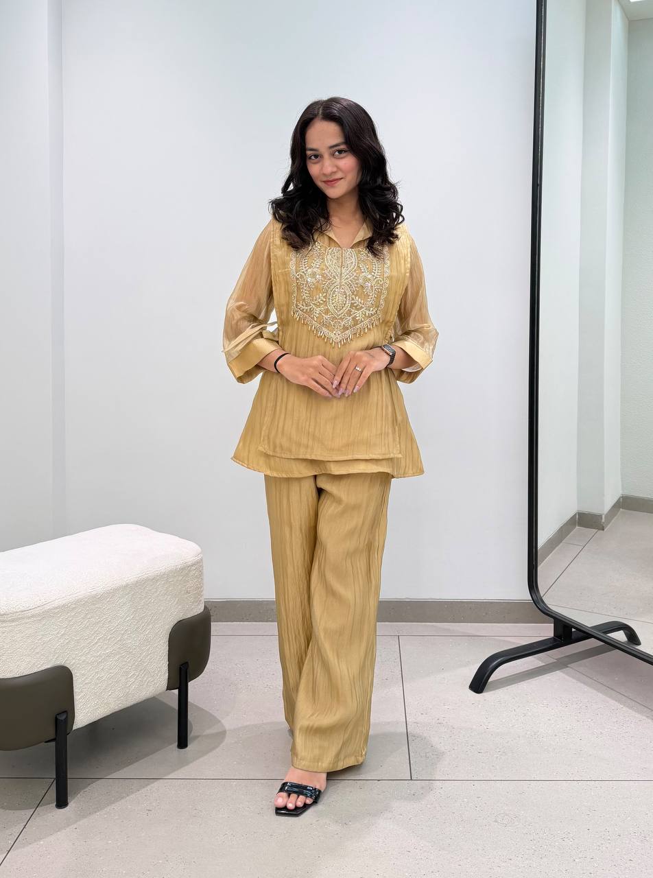 Beige Gold Mosko Beaded Co-ord Set