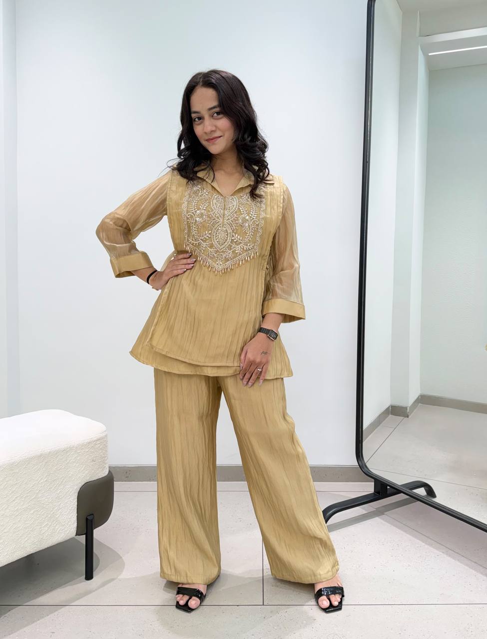 Beige Gold Mosko Beaded Co-ord Set, view 2