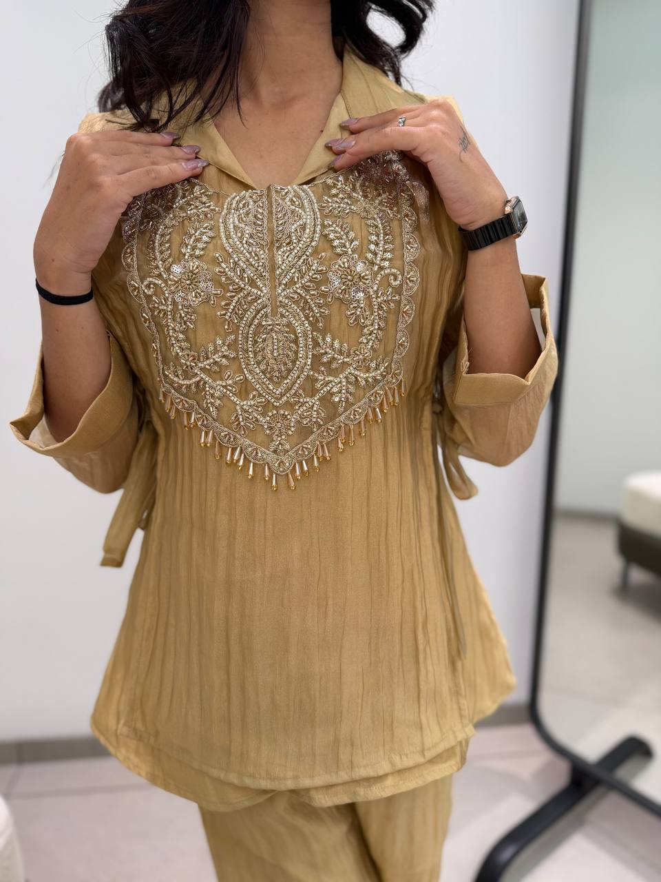 Beige Gold Mosko Beaded Co-ord Set, view 3
