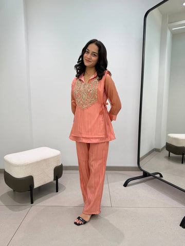 Peach Mosko Beaded Co-ord Set