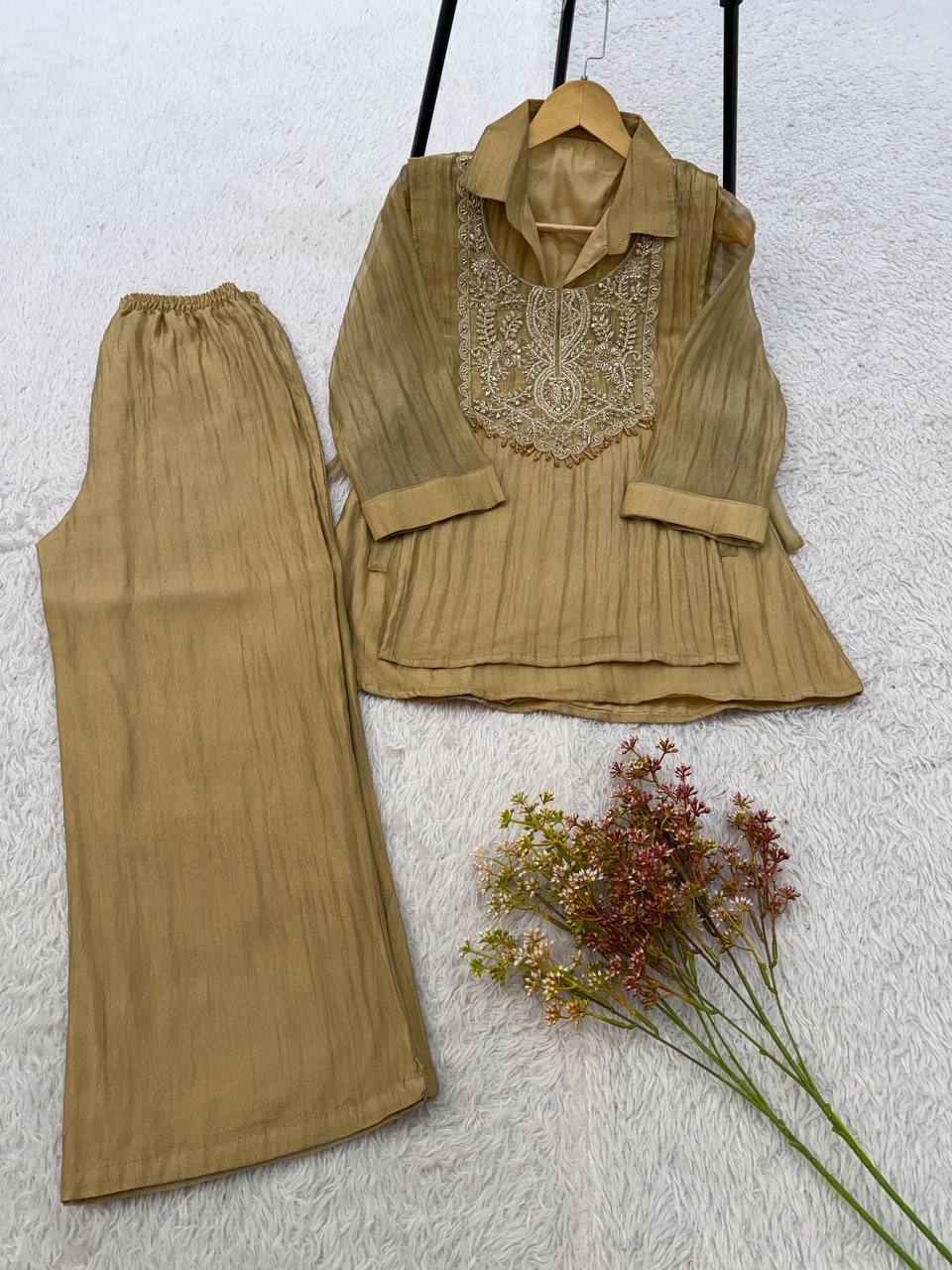 Beige Gold Mosko Beaded Co-ord Set, view 4