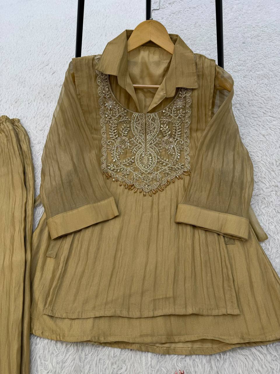 Beige Gold Mosko Beaded Co-ord Set, view 5