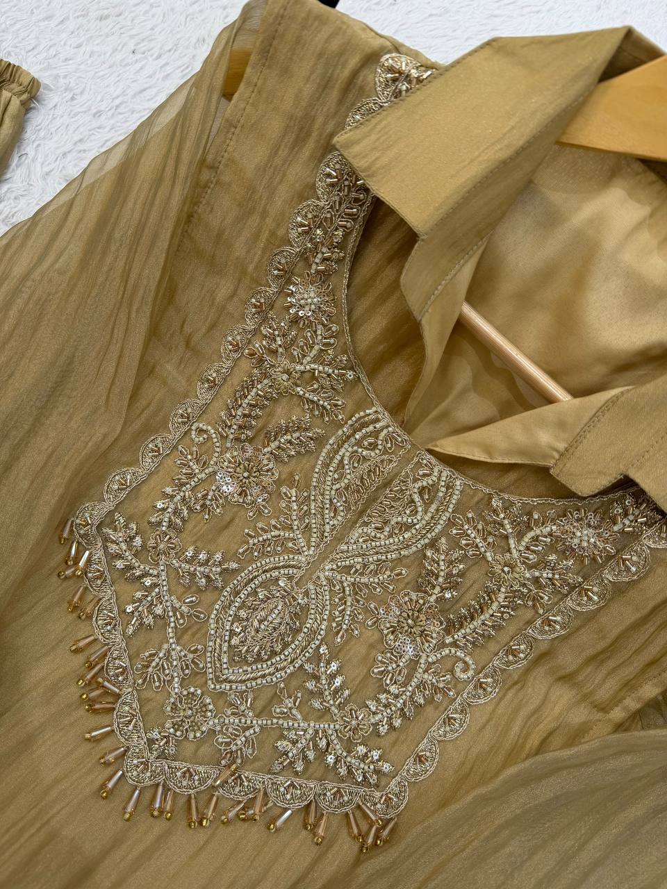 Beige Gold Mosko Beaded Co-ord Set, view 6