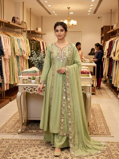 Pista Green Mul Chanderi Sequin Kurta Palazzo Set