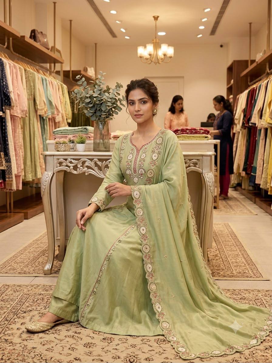 Pista Green Mul Chanderi Sequin Kurta Palazzo Set, view 2