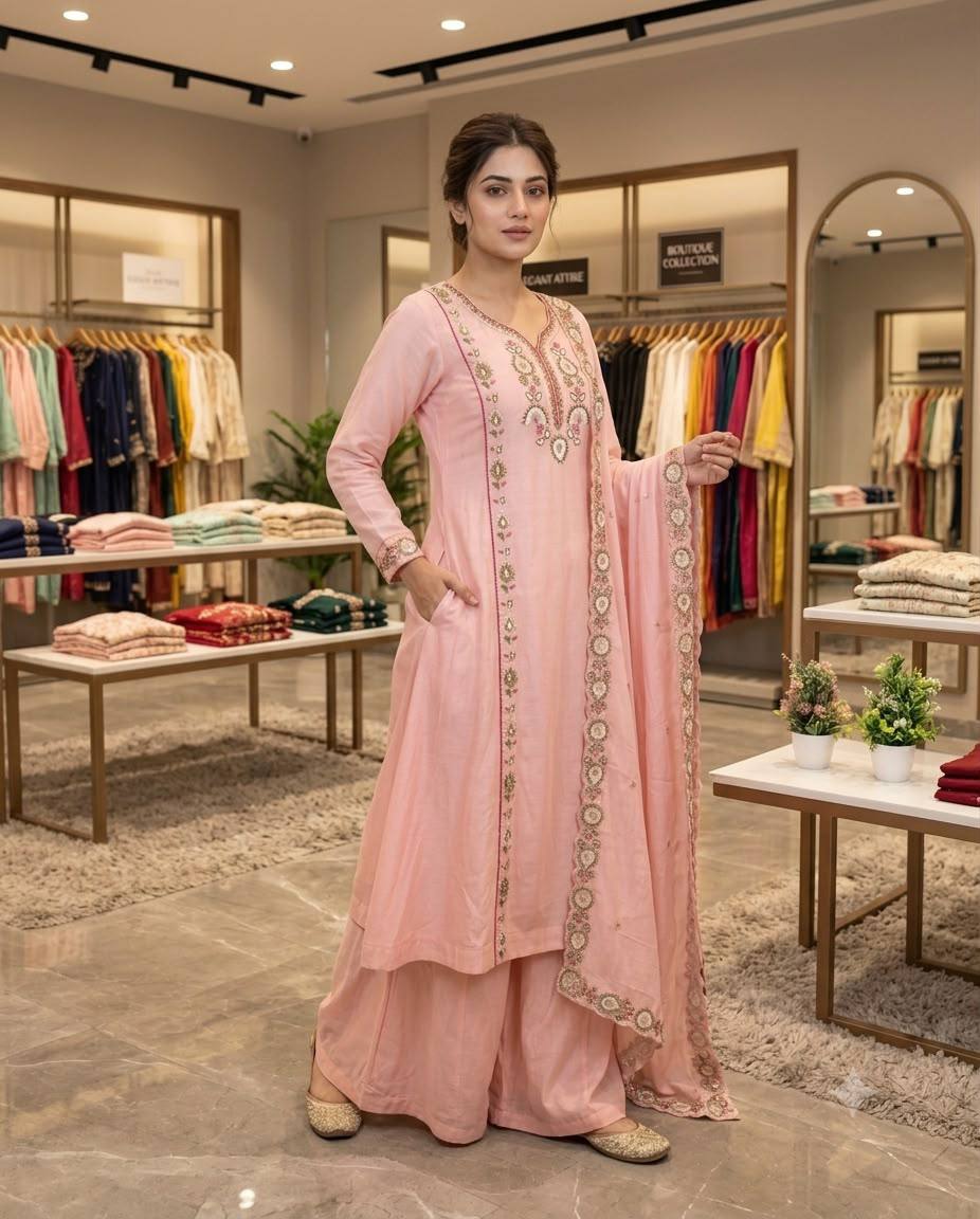 Baby Pink Mul Chanderi Sequin Kurta Palazzo Set