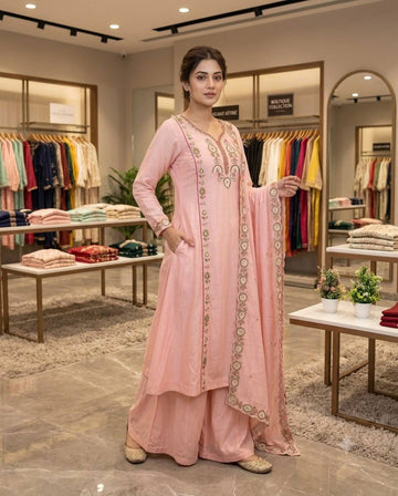 Baby Pink Mul Chanderi Sequin Kurta Palazzo Set