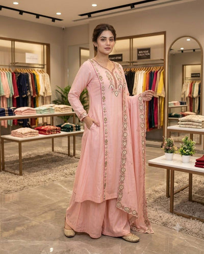 Baby Pink Mul Chanderi Sequin Kurta Palazzo Set