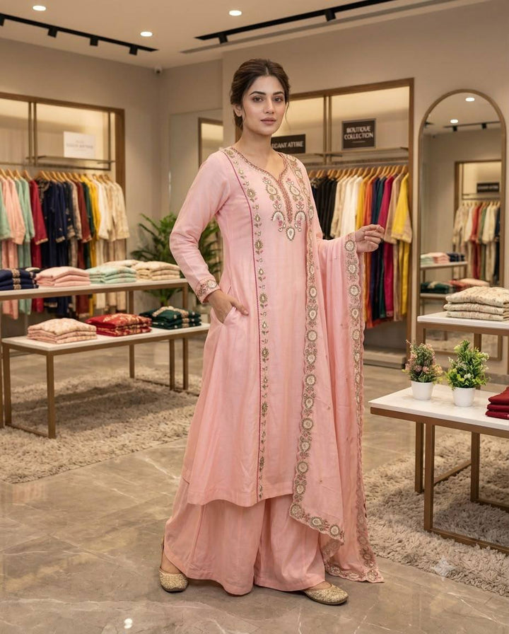 Baby Pink Mul Chanderi Sequin Kurta Palazzo Set