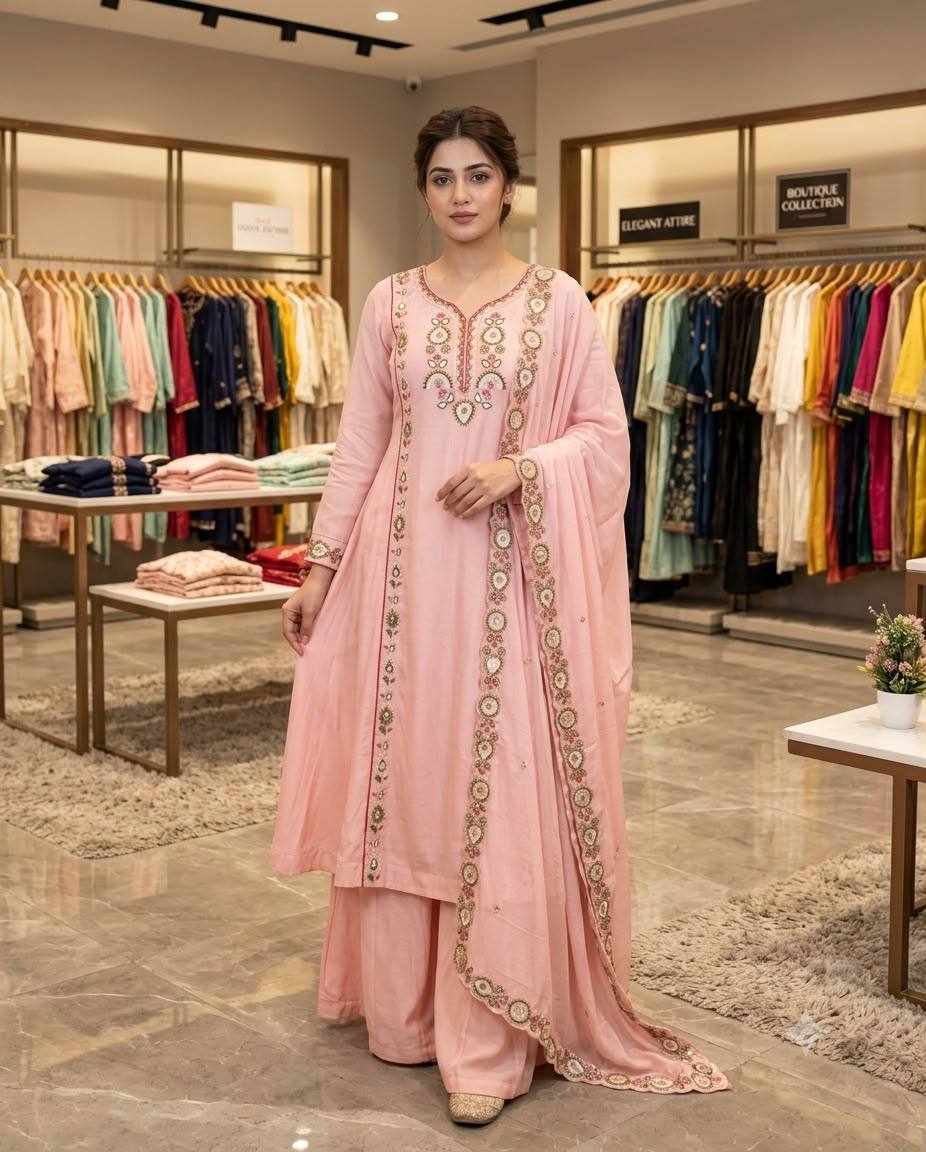 Baby Pink Mul Chanderi Sequin Kurta Palazzo Set, view 2