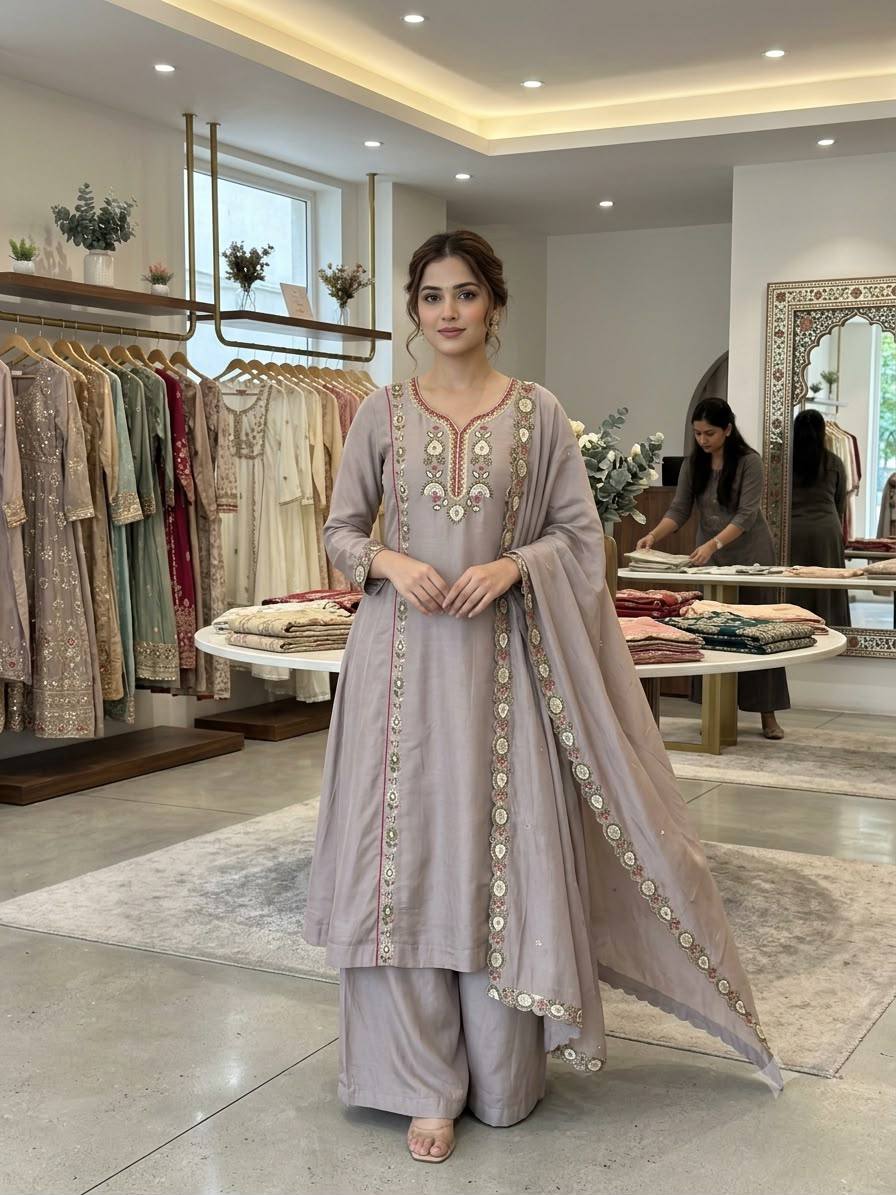 Grey Mul Chanderi Sequin Kurta Palazzo Set