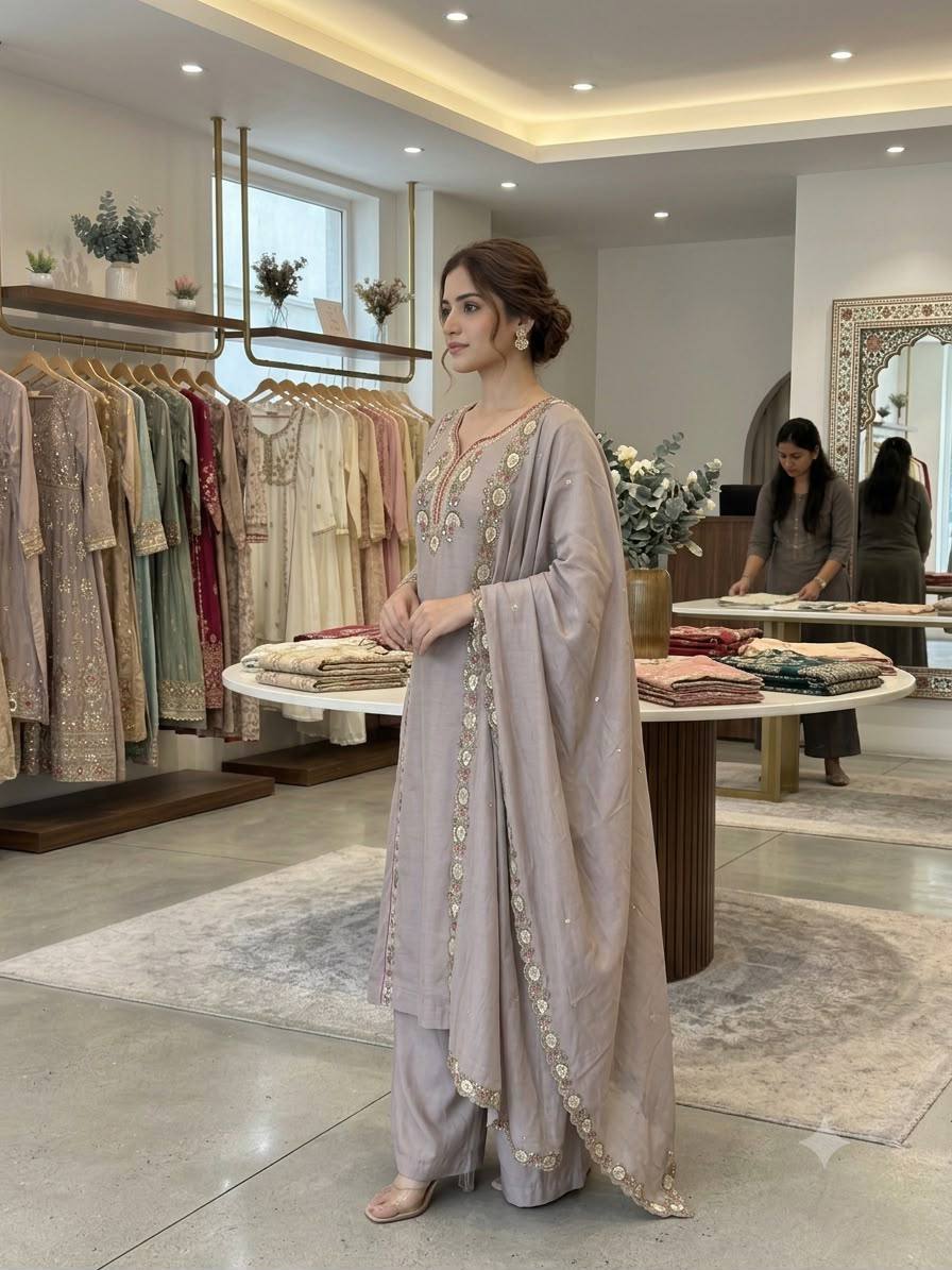 Grey Mul Chanderi Sequin Kurta Palazzo Set, view 2