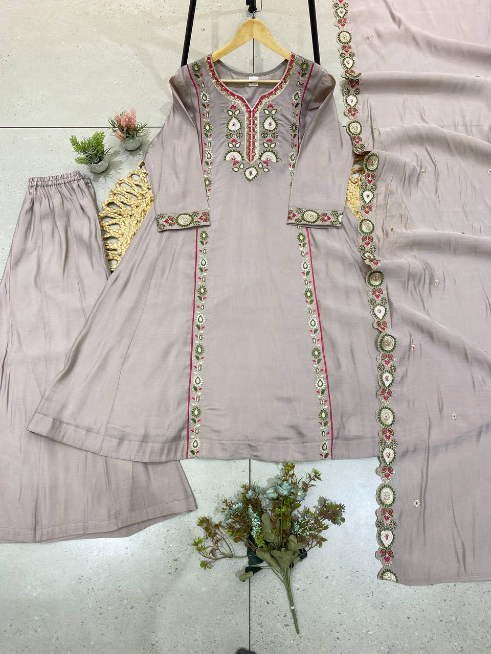 Grey Mul Chanderi Sequin Kurta Palazzo Set, view 3