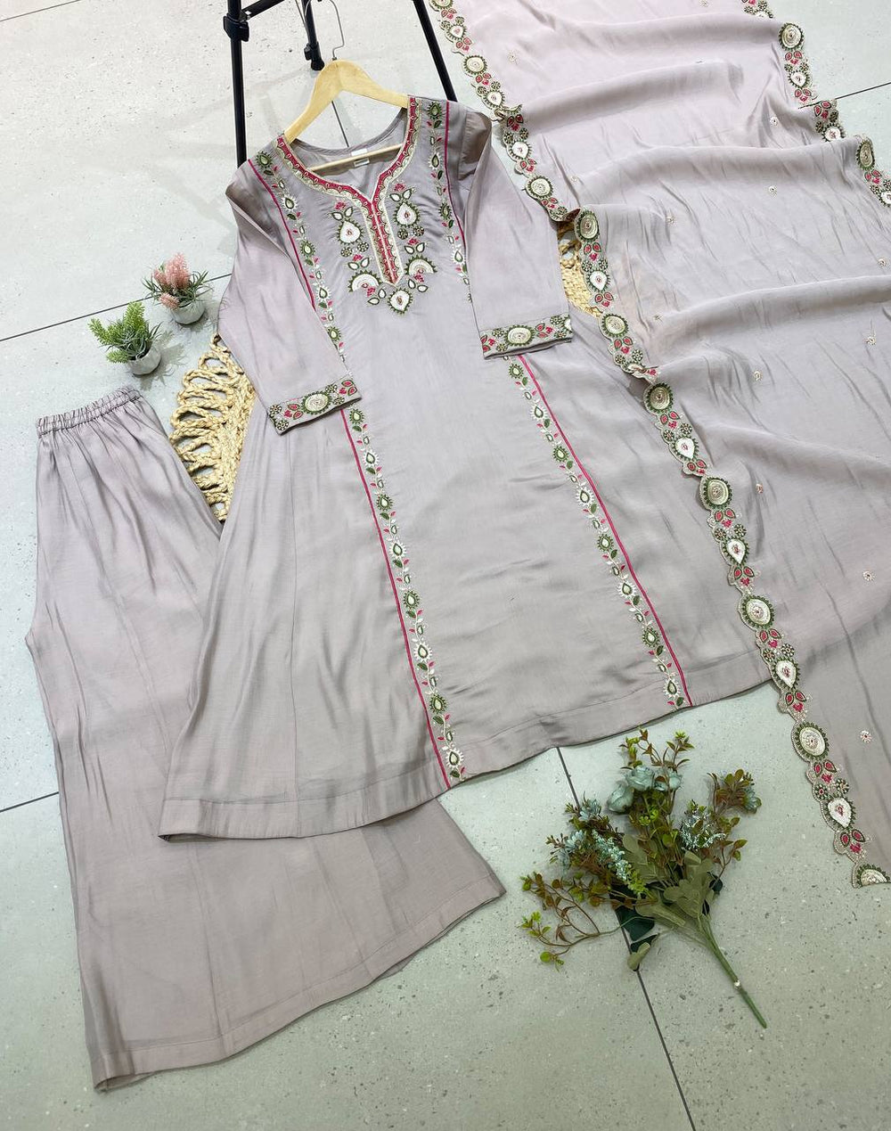 Grey Mul Chanderi Sequin Kurta Palazzo Set, view 4
