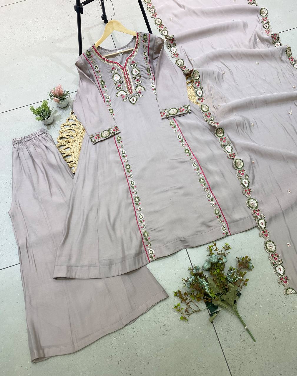 Grey Mul Chanderi Sequin Kurta Palazzo Set, view 4