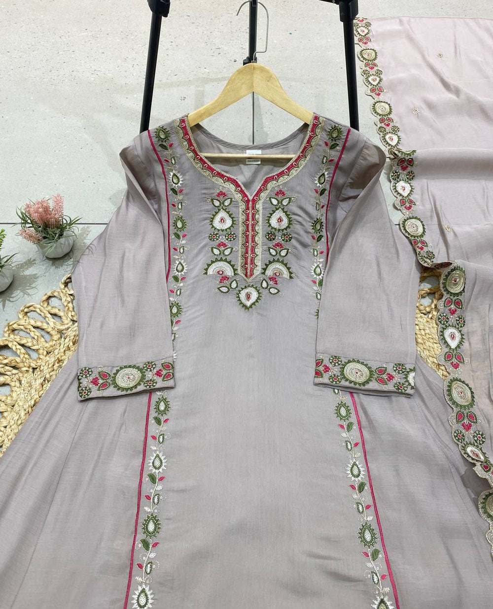 Grey Mul Chanderi Sequin Kurta Palazzo Set, view 5