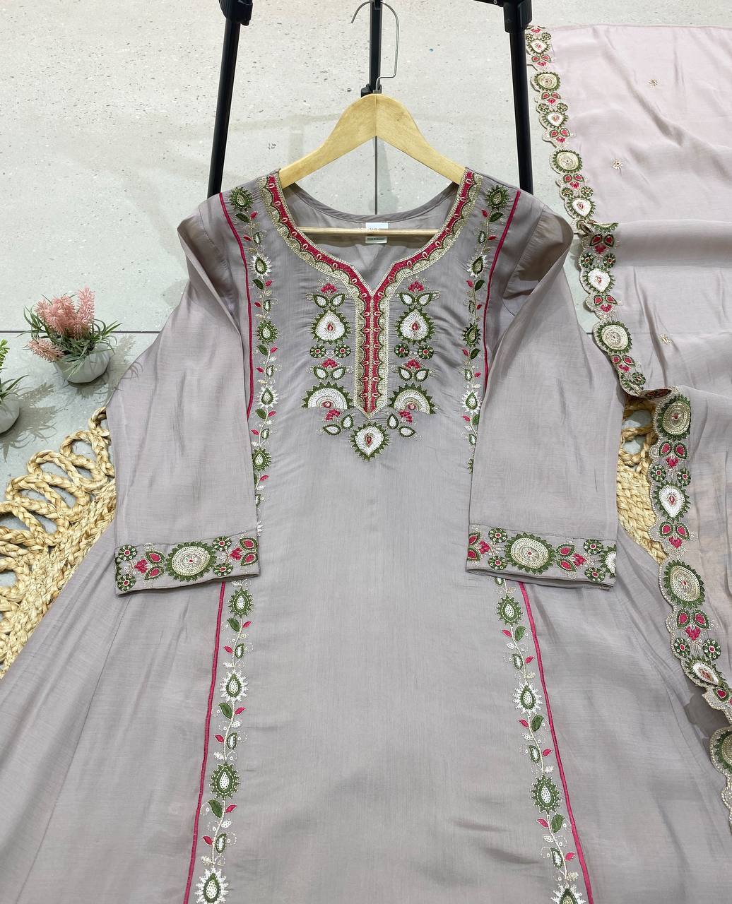 Grey Mul Chanderi Sequin Kurta Palazzo Set, view 5