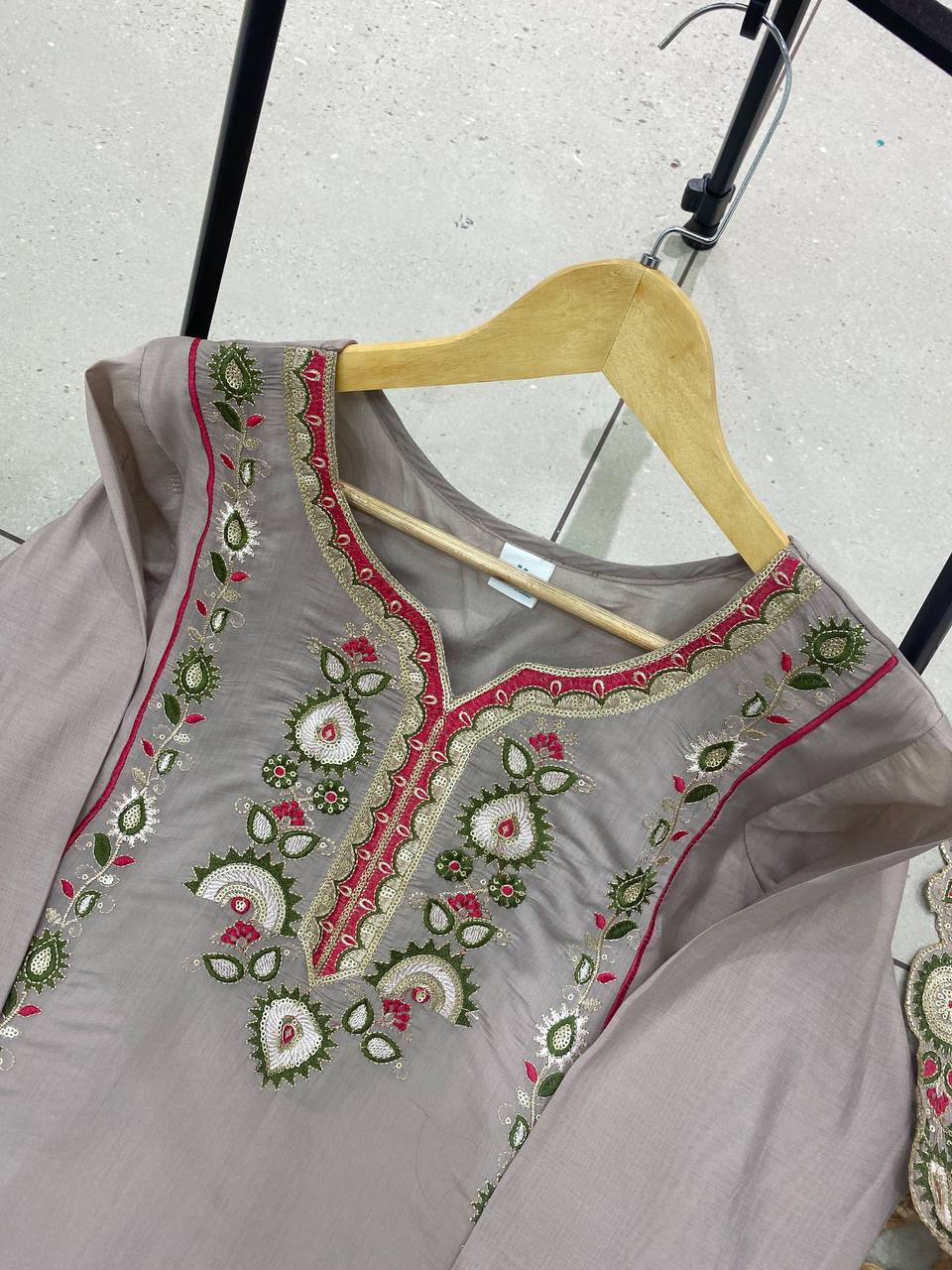 Grey Mul Chanderi Sequin Kurta Palazzo Set, view 6