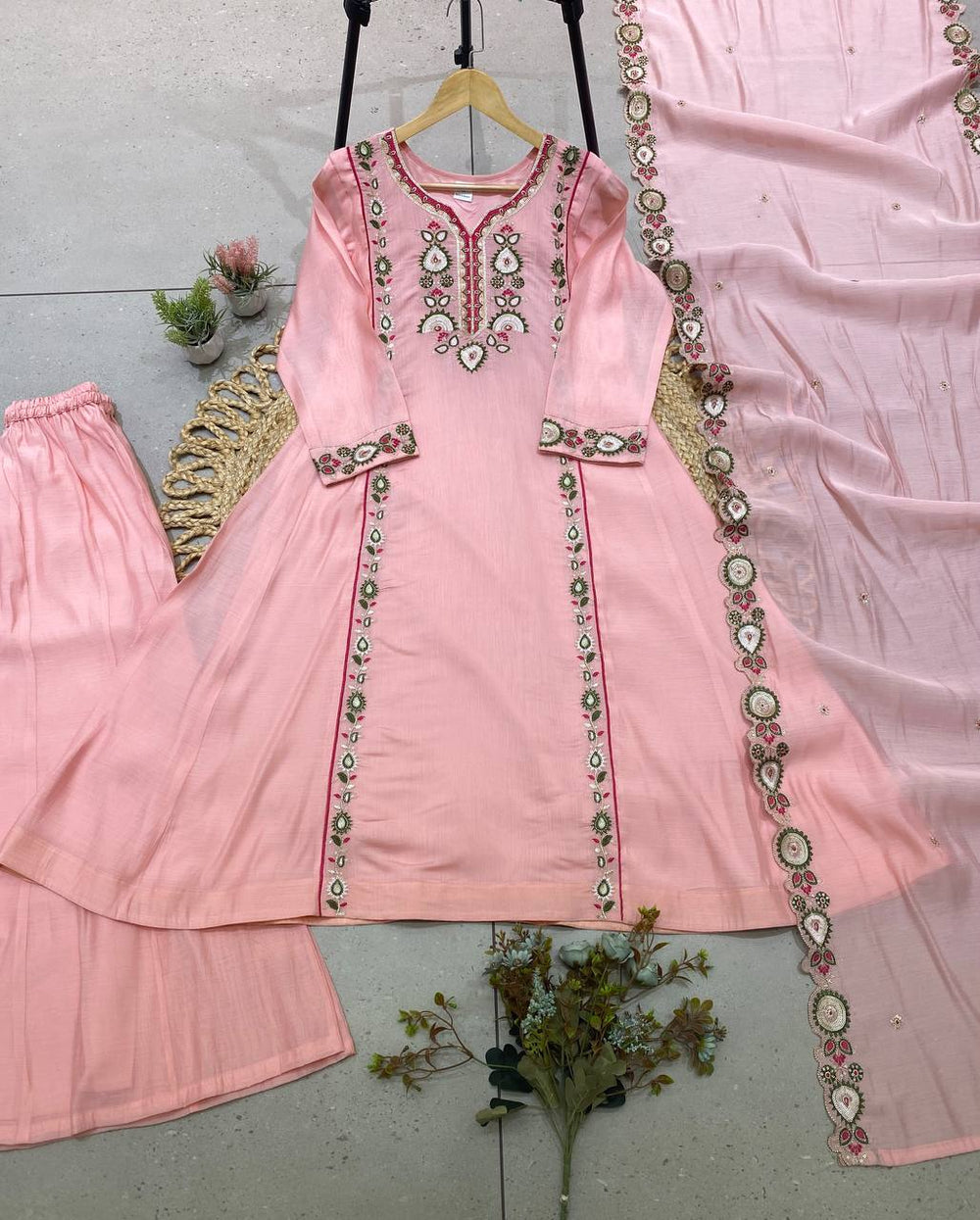 Baby Pink Mul Chanderi Sequin Kurta Palazzo Set, view 3