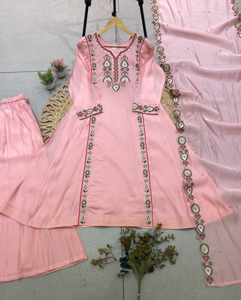 Baby Pink Mul Chanderi Sequin Kurta Palazzo Set, view 3