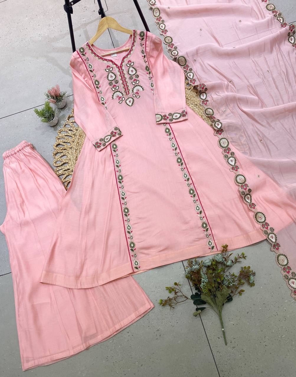 Baby Pink Mul Chanderi Sequin Kurta Palazzo Set, view 4