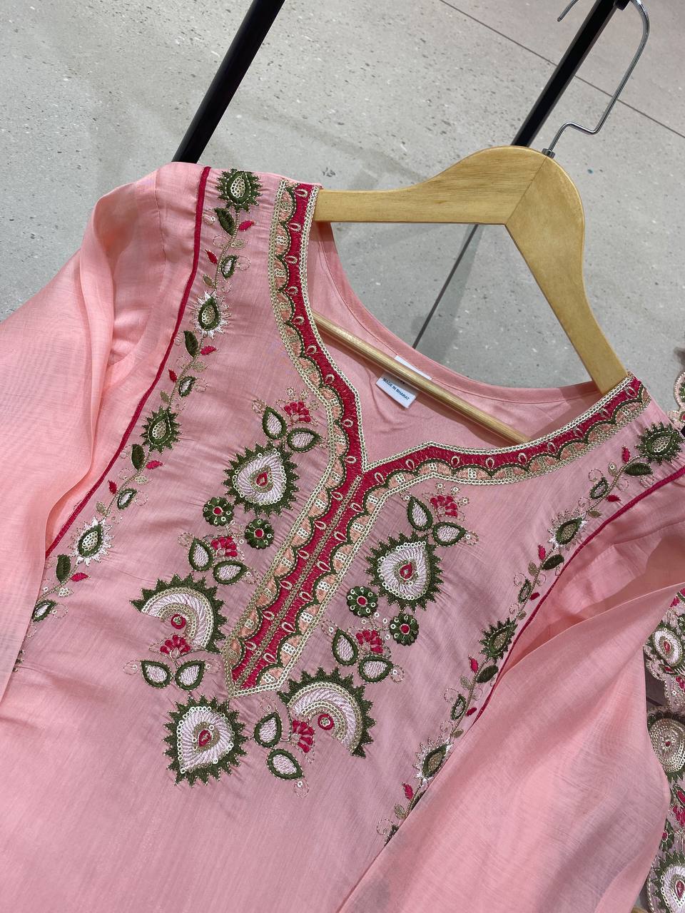 Baby Pink Mul Chanderi Sequin Kurta Palazzo Set, view 5