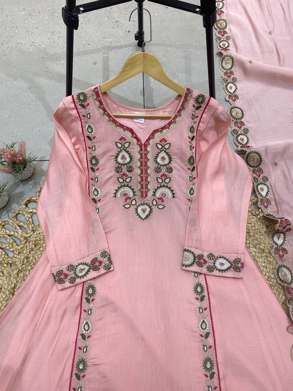 Baby Pink Mul Chanderi Sequin Kurta Palazzo Set, view 6