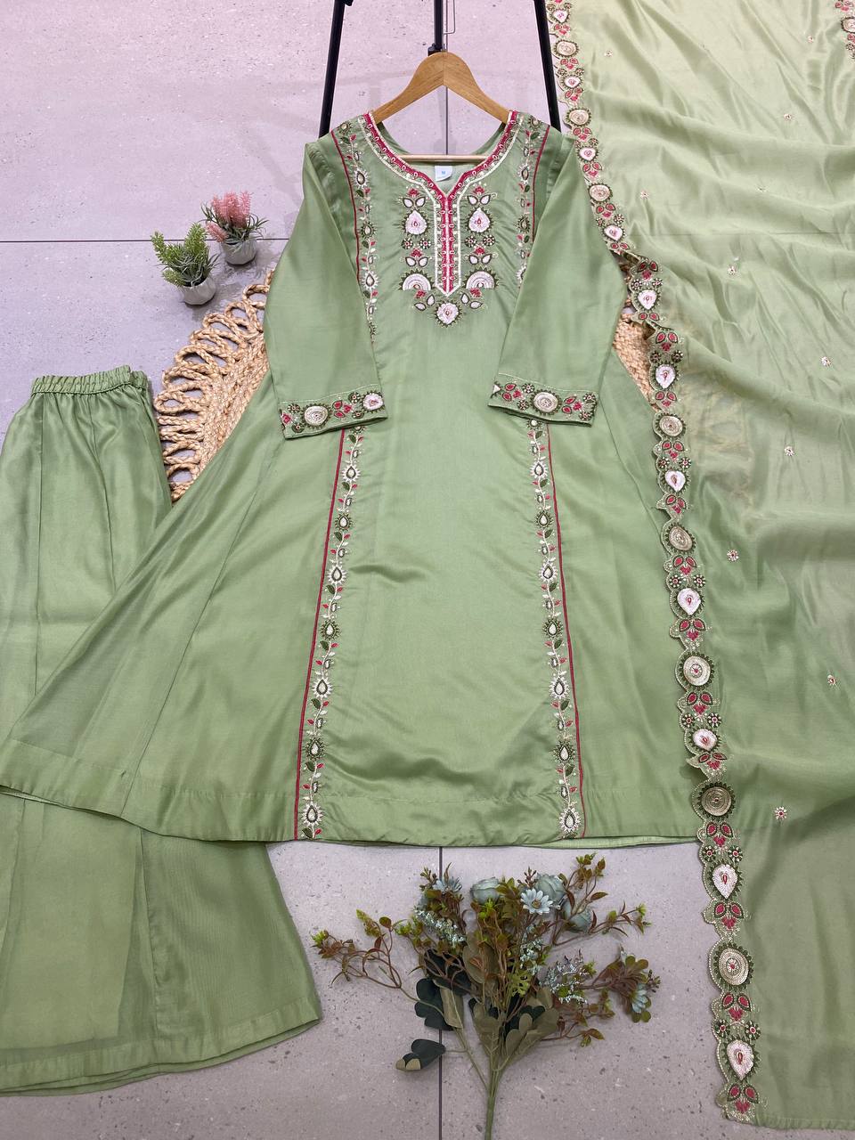 Pista Green Mul Chanderi Sequin Kurta Palazzo Set, view 3