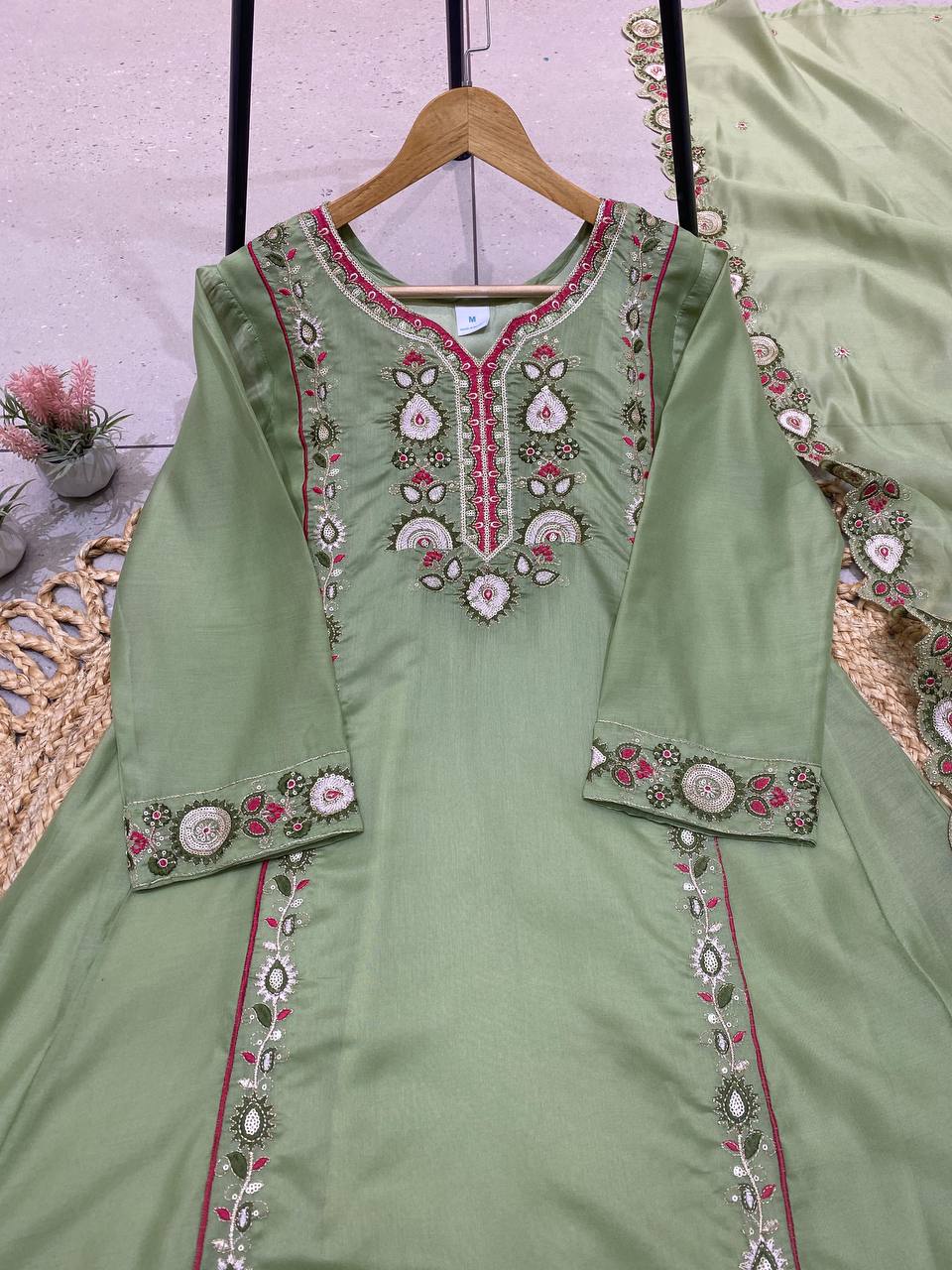 Pista Green Mul Chanderi Sequin Kurta Palazzo Set, view 5