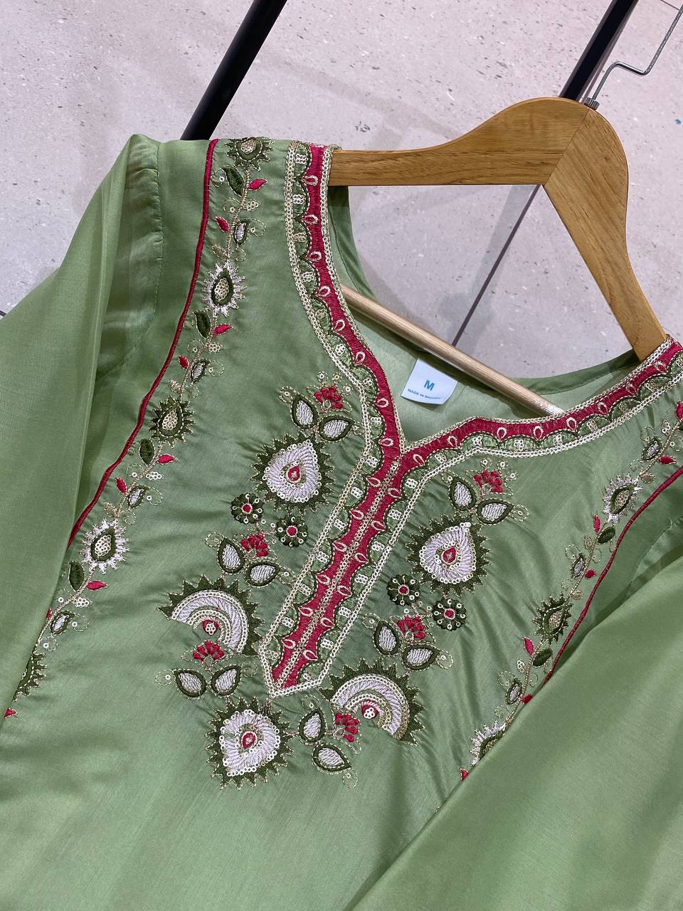 Pista Green Mul Chanderi Sequin Kurta Palazzo Set, view 6