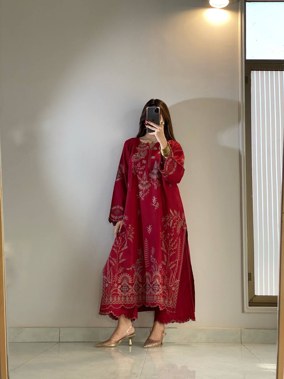 Red Mul Chanderi Embroidered Kurta Palazzo Set