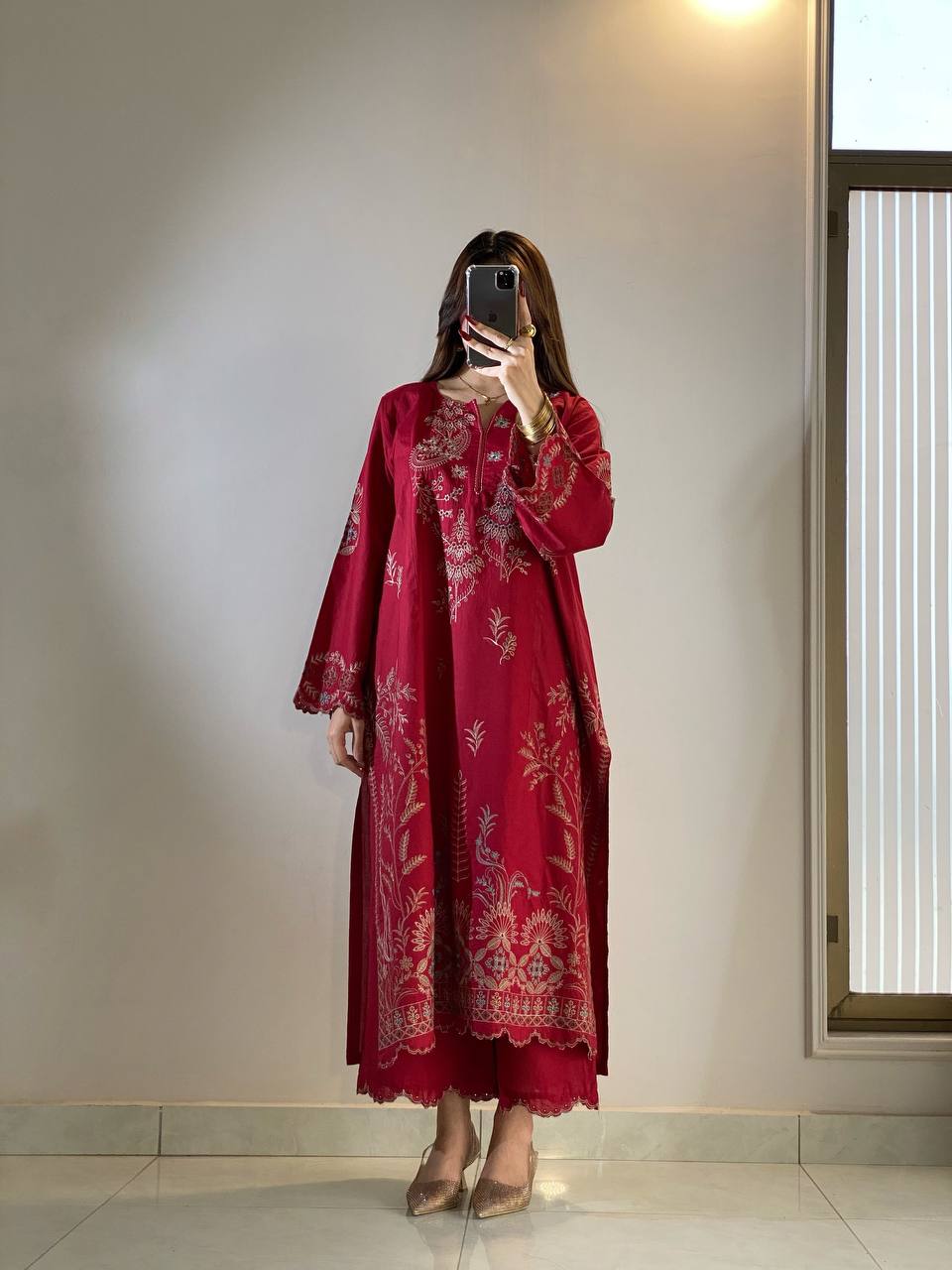 Red Mul Chanderi Embroidered Kurta Palazzo Set, view 2