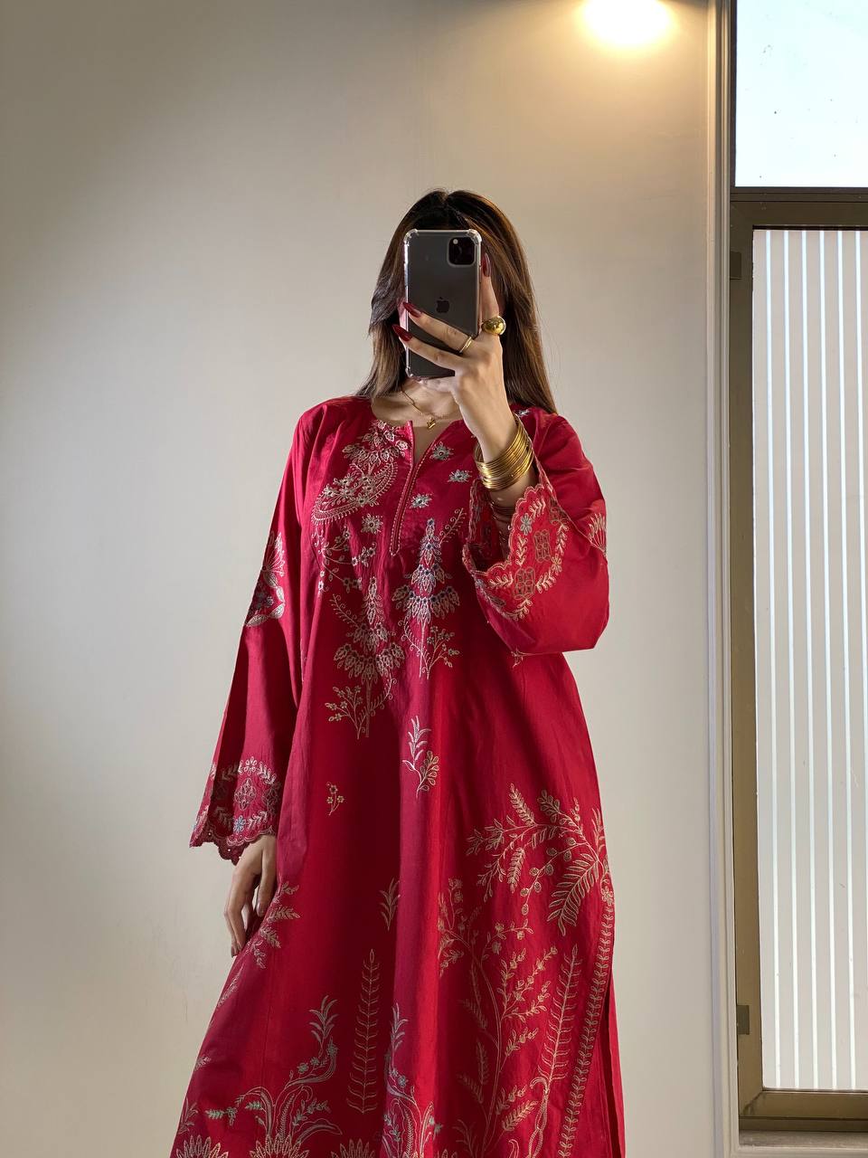 Red Mul Chanderi Embroidered Kurta Palazzo Set, view 3