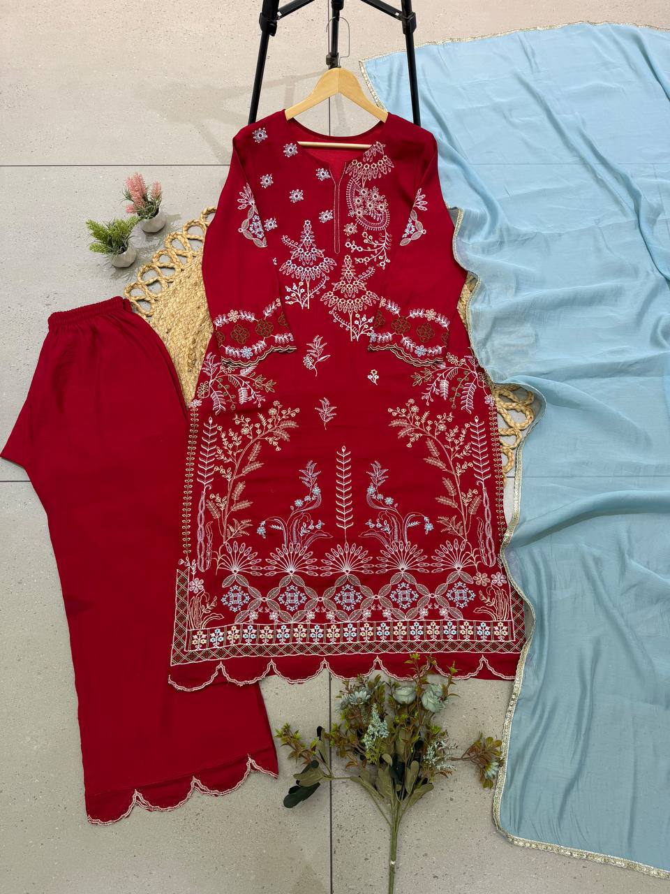 Red Mul Chanderi Embroidered Kurta Palazzo Set, view 5