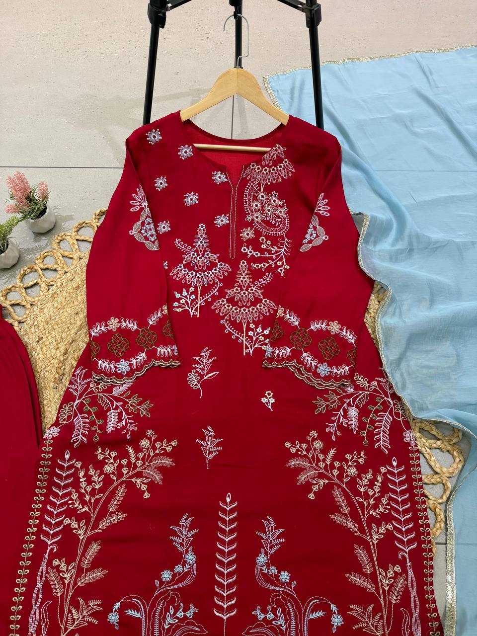 Red Mul Chanderi Embroidered Kurta Palazzo Set, view 6