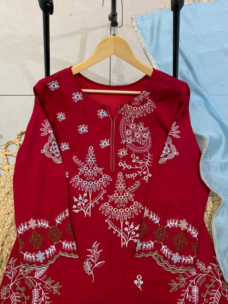 Red Mul Chanderi Embroidered Kurta Palazzo Set, view 7