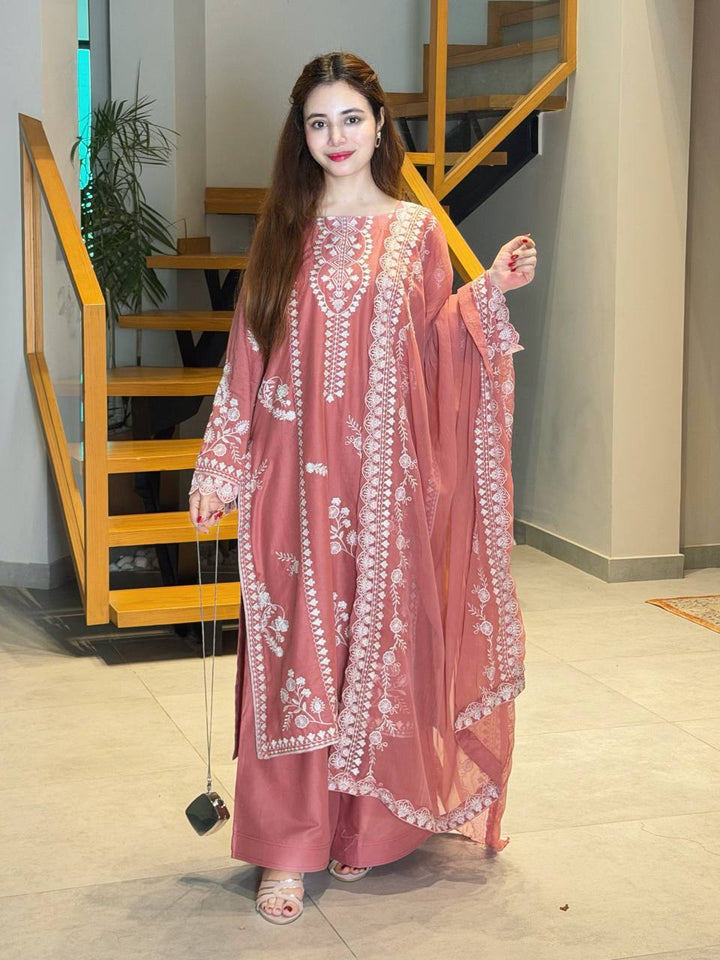 Rose Pink Mul Chanderi Embroidered Kurta Pant Set