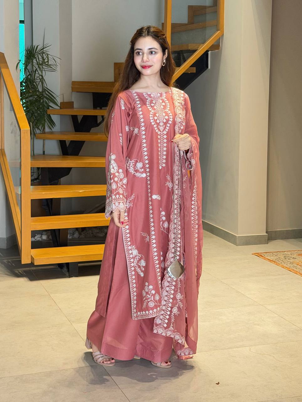 Rose Pink Mul Chanderi Embroidered Kurta Pant Set, view 2