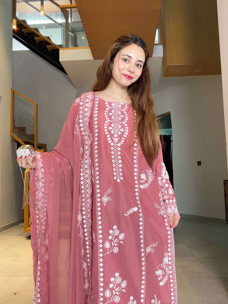 Rose Pink Mul Chanderi Embroidered Kurta Pant Set, view 3
