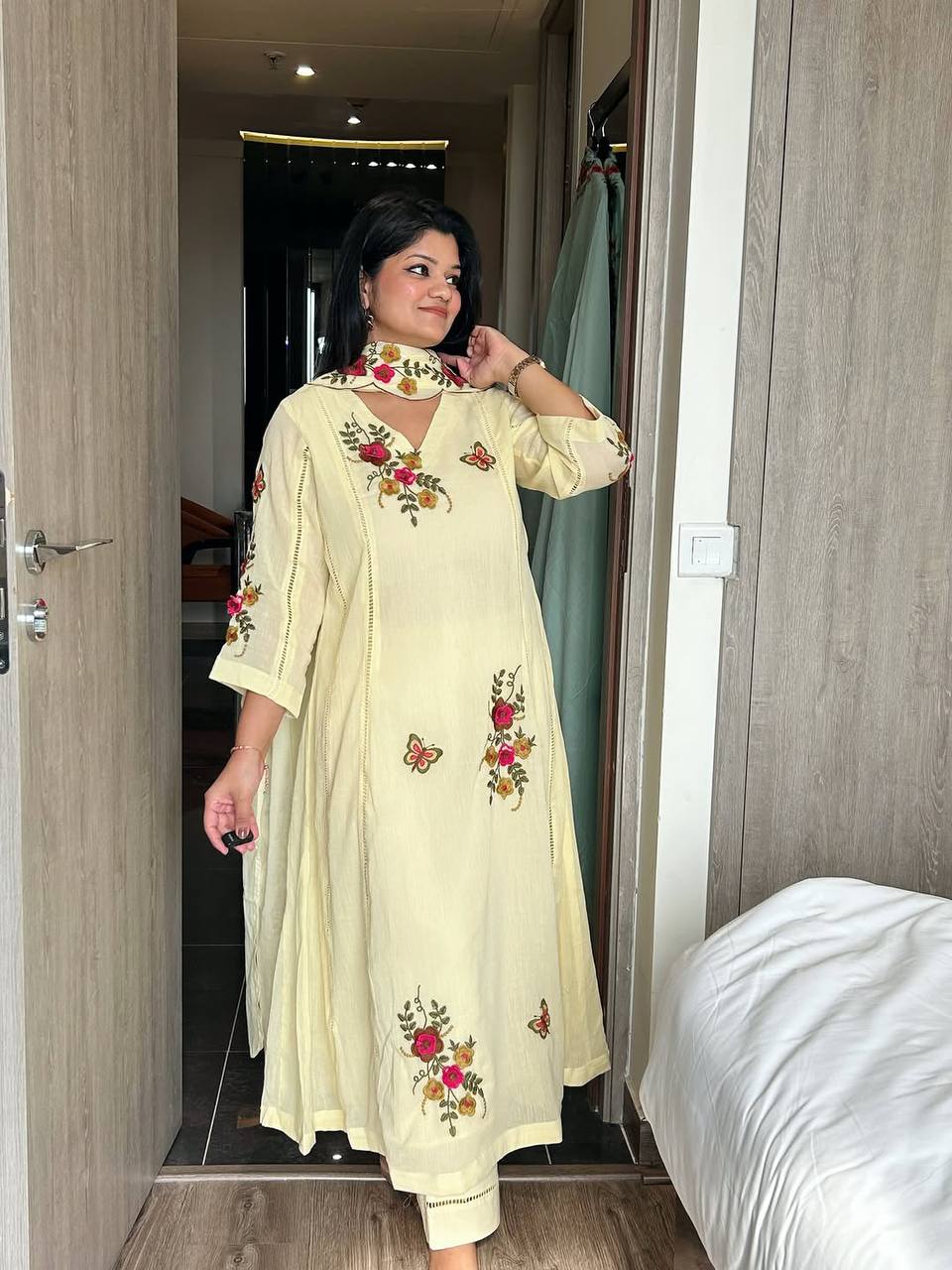 Lemon Yellow Chinon Embroidered Kurta Pant Set