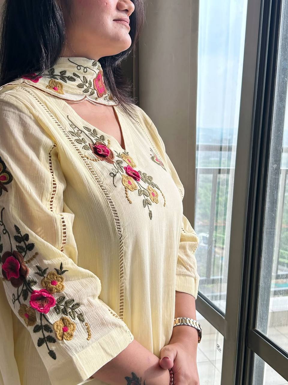 Lemon Yellow Chinon Embroidered Kurta Pant Set, view 3