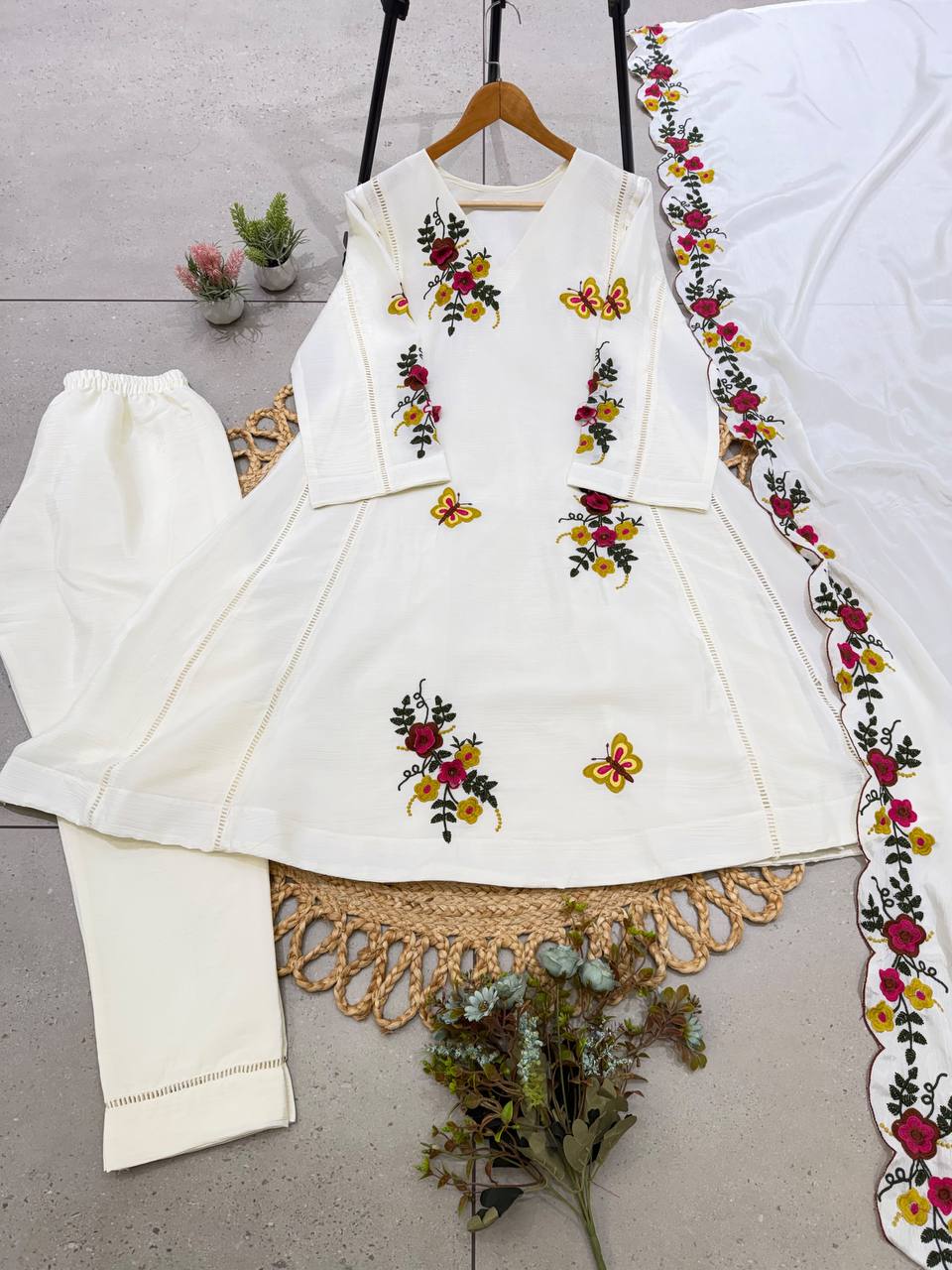 White Chinon Embroidered Kurta Pant Set