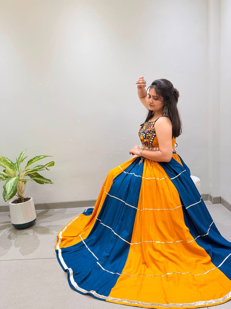 Blue and Mustard Rayon Gotta Patti Lehenga Choli, view 2
