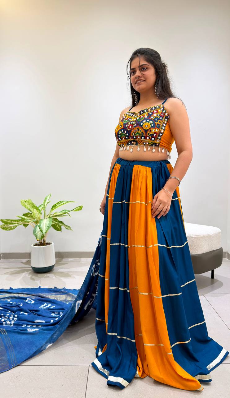 Blue and Mustard Rayon Gotta Patti Lehenga Choli, view 3
